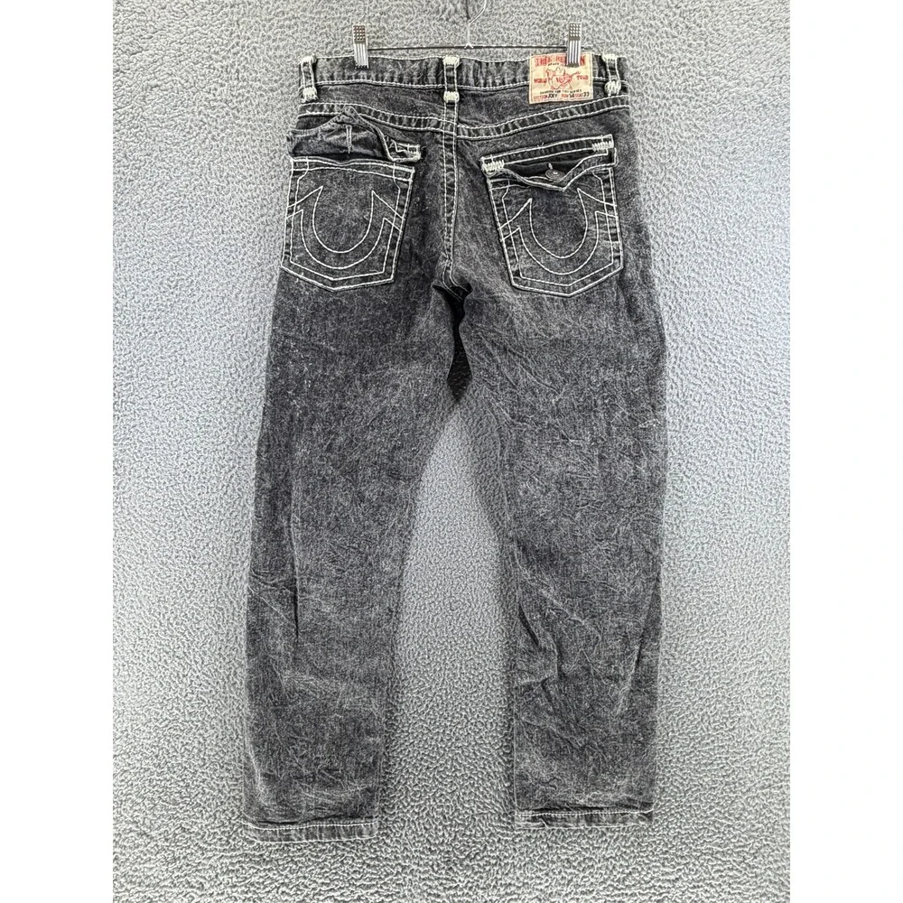 True Religion Men Acid Wash Black Jeans Thick White Stitching Straight Leg 34x30